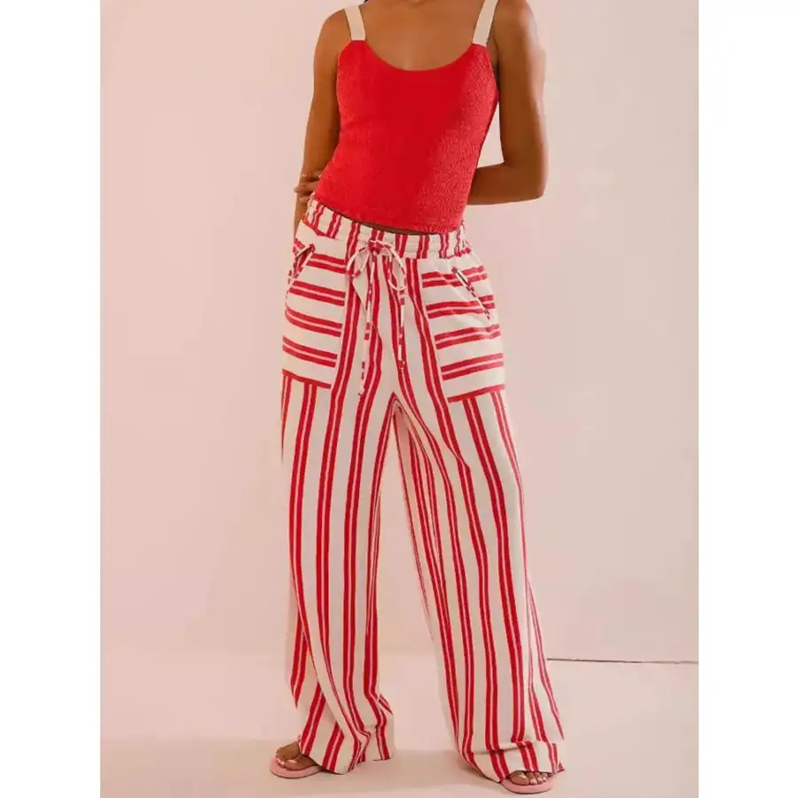 Relaxed Striped Wide Leg Drawstring Pants