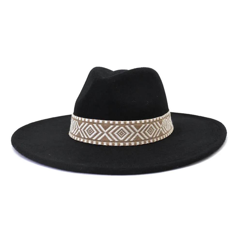 Big Brim Peach Heart Top Aztec Pattern Belt Jazz Hat