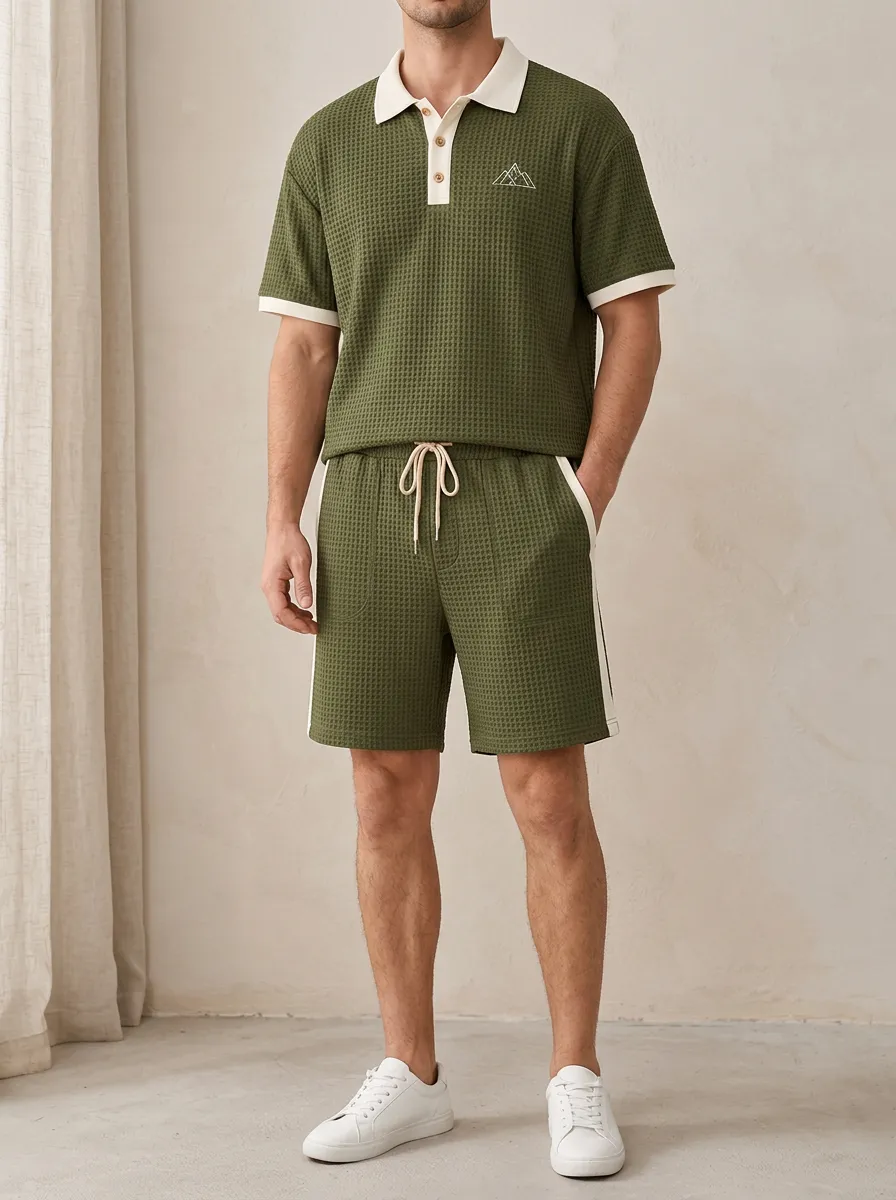 Men's Mountain Lover Olive Waffle Knit Printed Polo Shirt