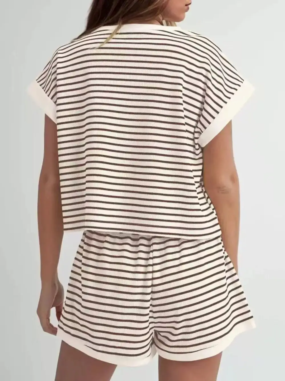 Striped Round Neck Top and Shorts Set