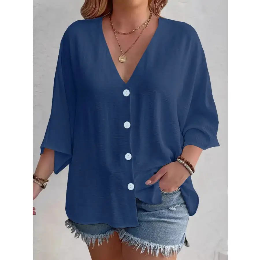 Full Size V Neck Button Down Shirt Plus Size