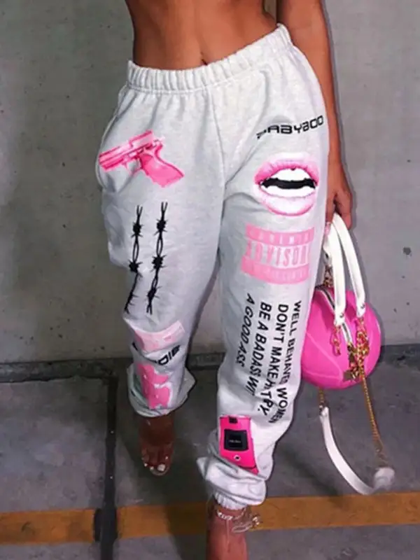 Print Elastic Waist Sports Harem Pants