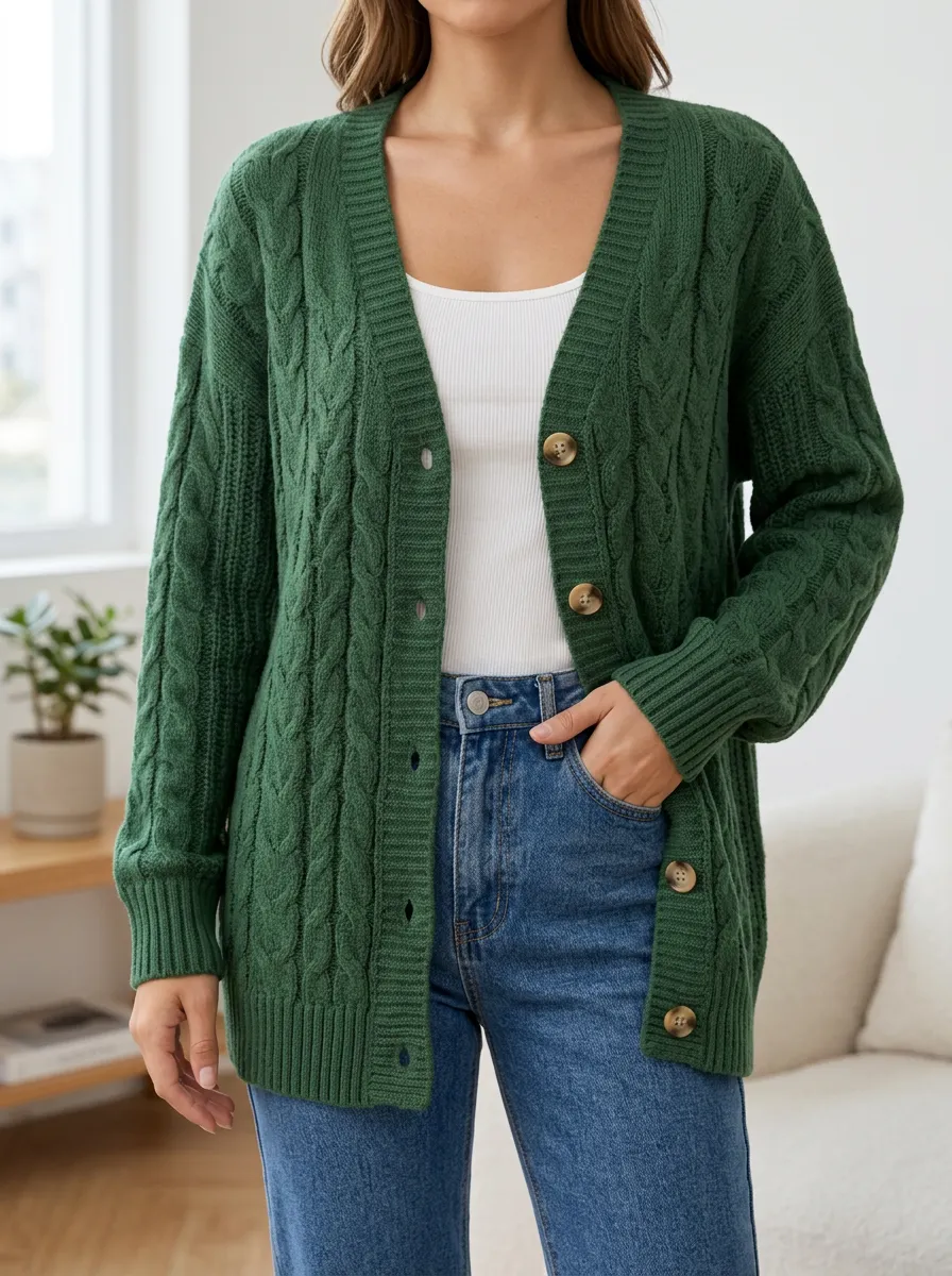 Women's Cable Knit Button Front V Neck Refined Cardigan