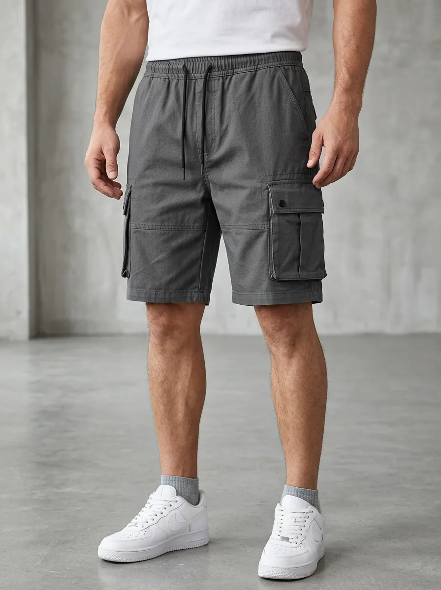 Rugged-Look Pocketed Drawstring Utility Cargo Shorts