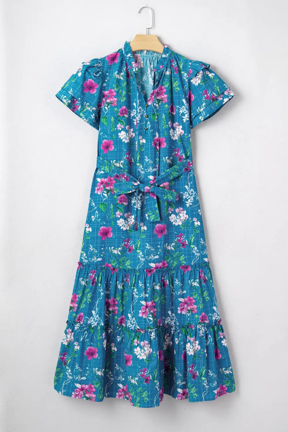 Floral Split Neck Tie Waist Dress Casual