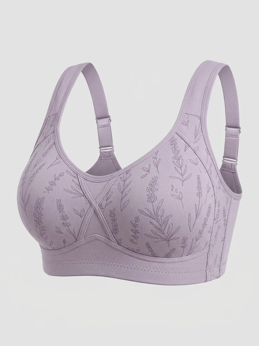 Women's Plus Size Lavender Floral Full-Coverage Wide-Strap Wireless Sports Bra