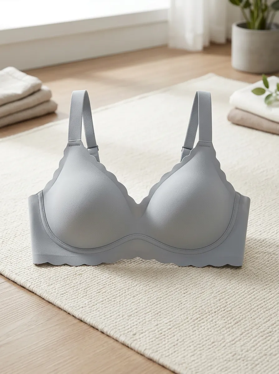 Women's Seamless Scalloped Edge Solid Grey Wireless Bra