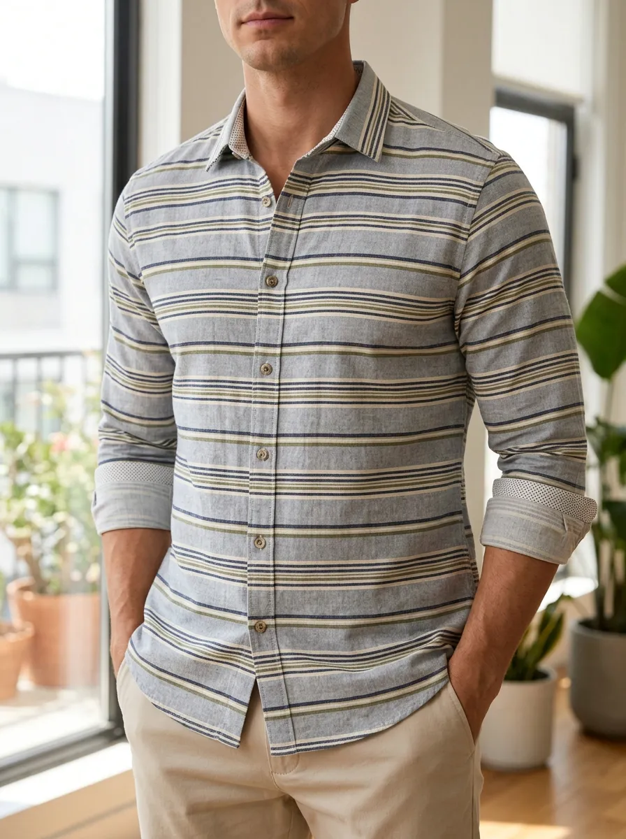 Men's Casual Style Multi-Stripe Pattern Printed Slim Fit Shirt