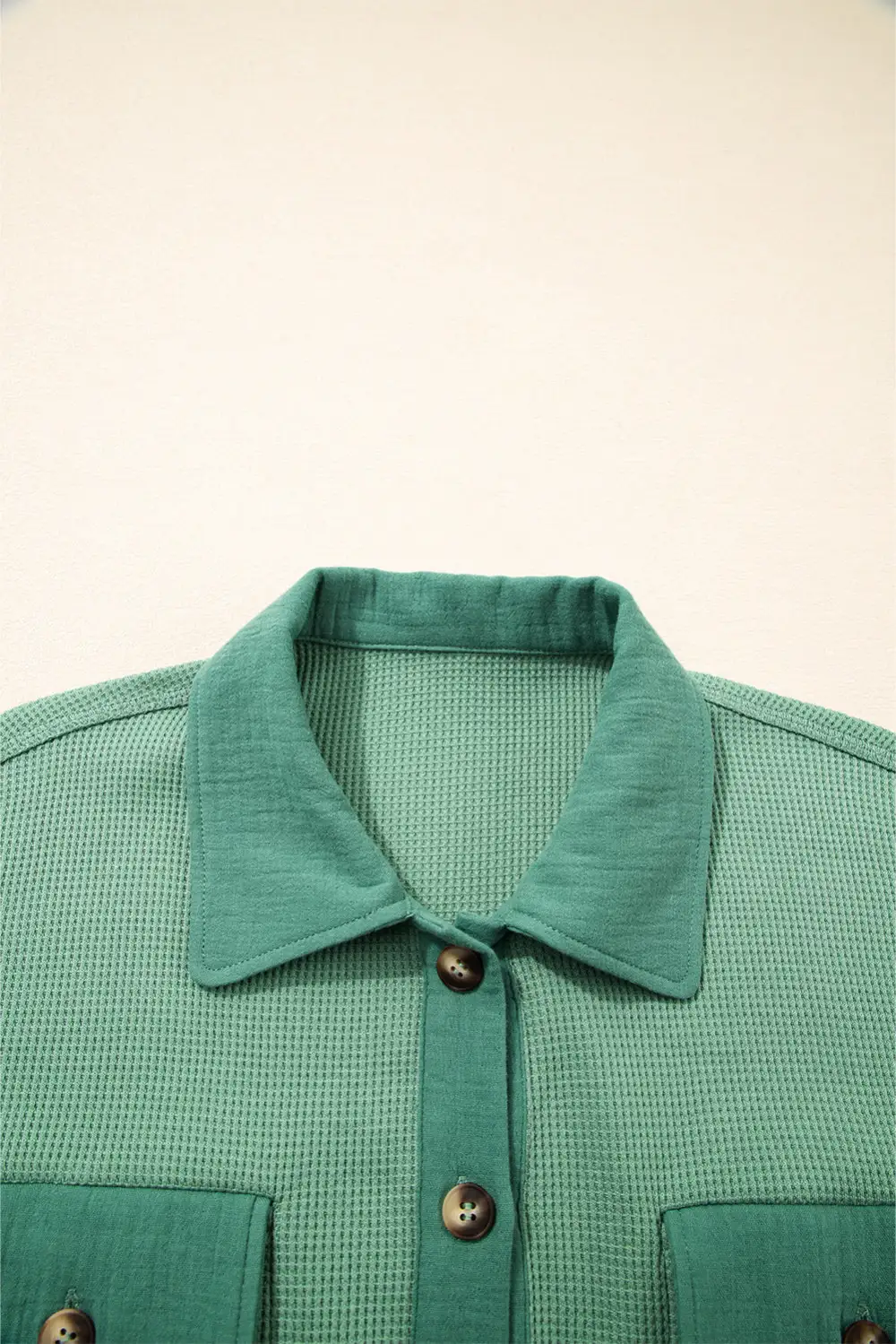 Grass Green Waffle Knit Vintage Patchwork Button Up Loose Shirt