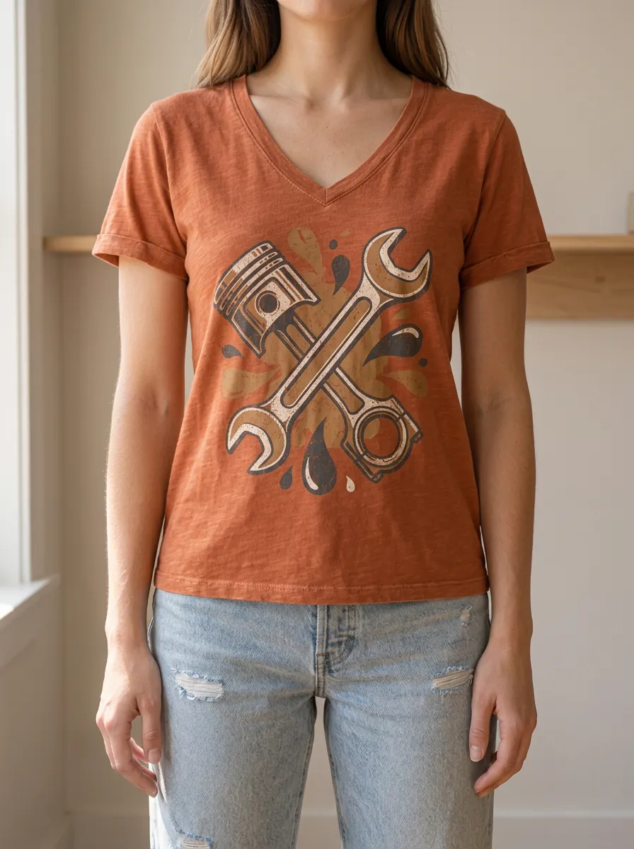 Women's Mechanic Lover Piston Wrench Printed V-Neck T-Shirt