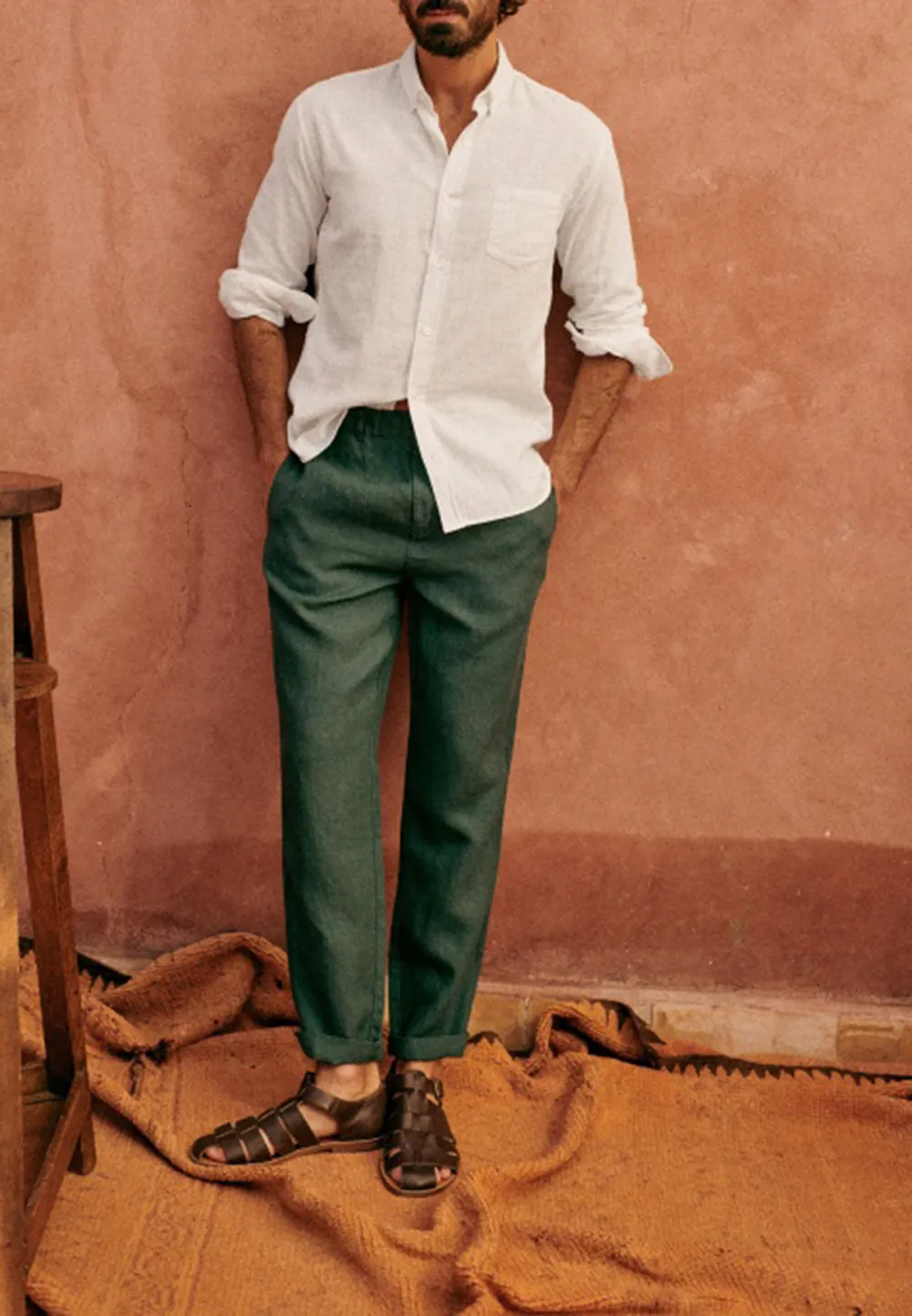 Teal Linen Blend Adjustable Cuff Button Down Shirt