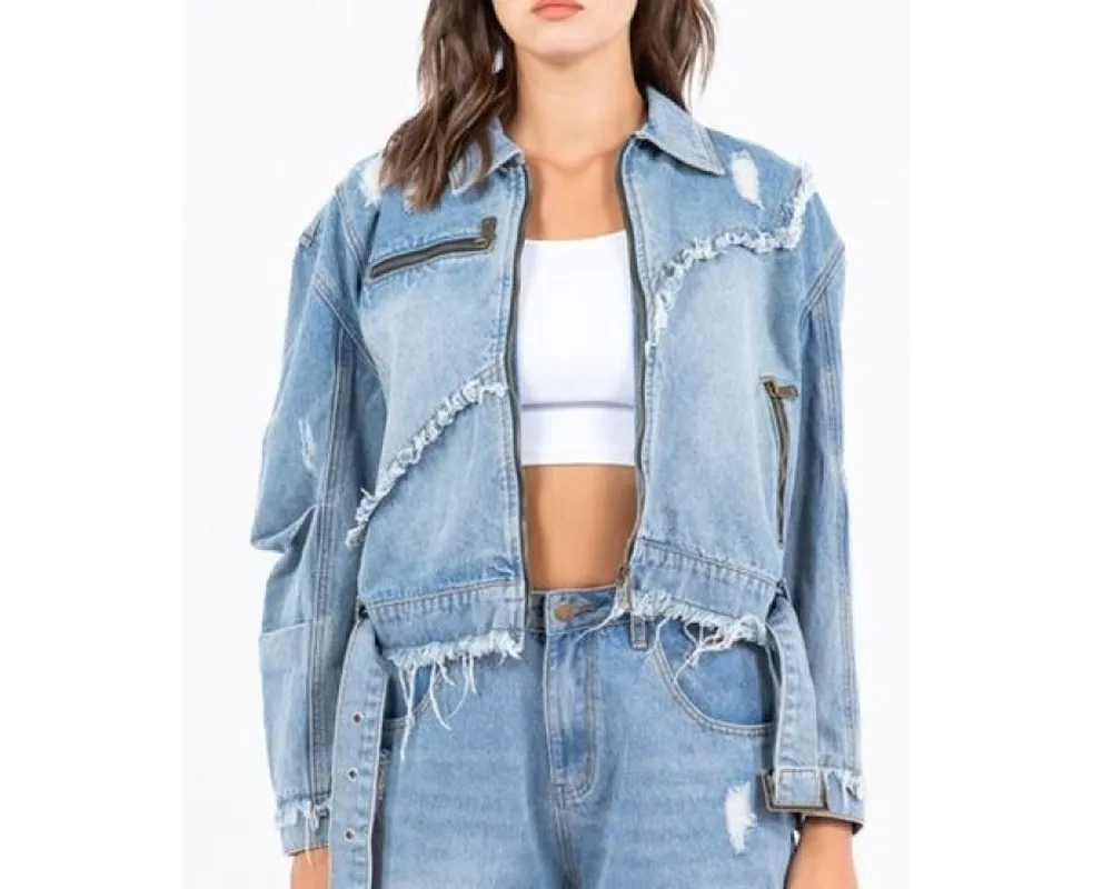 Plus Size Distressed Frayed Edge Zip-Up Denim Jacket