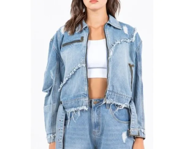 Plus Size Distressed Frayed Edge Zip-Up Denim Jacket
