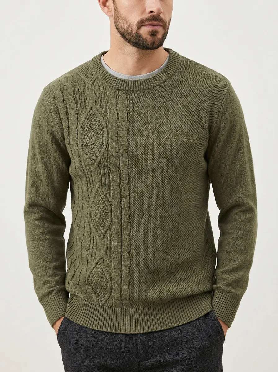 Men's Olive Green Outdoor Mountain Embroidered Olive Knit Sweater