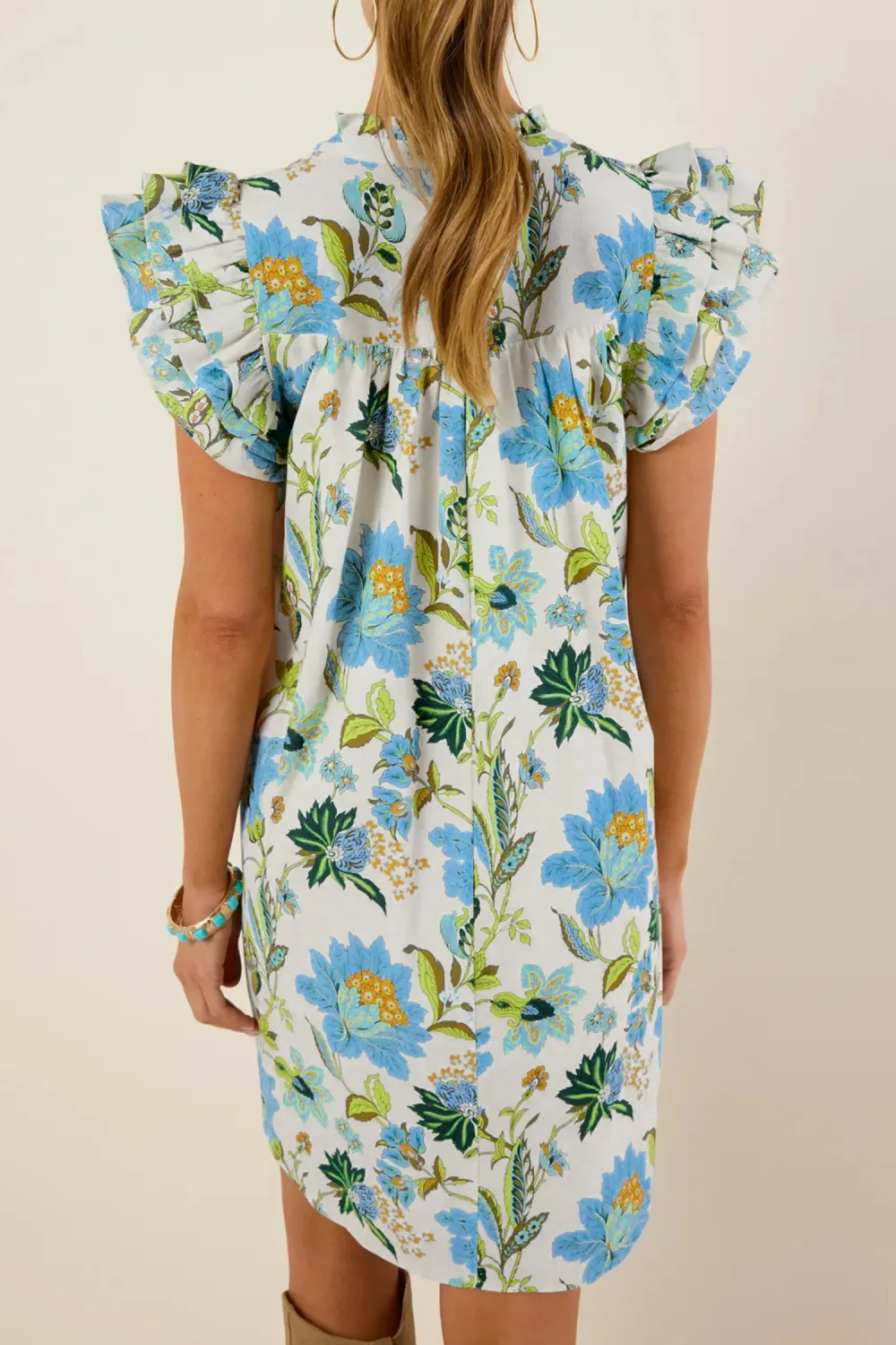 Beige Floral Ruffle Sleeve Dress