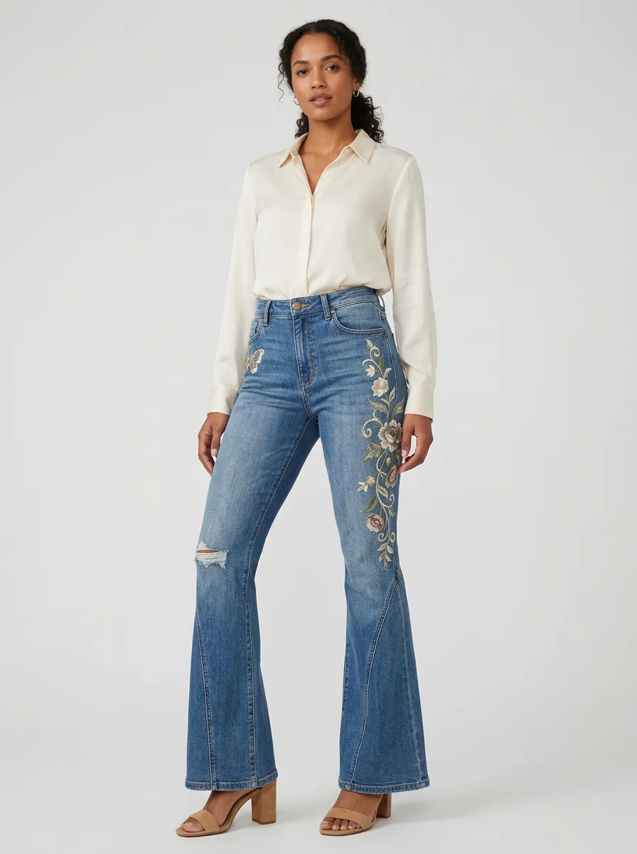 Women's Blue Floral Embroidered Flare Jeans