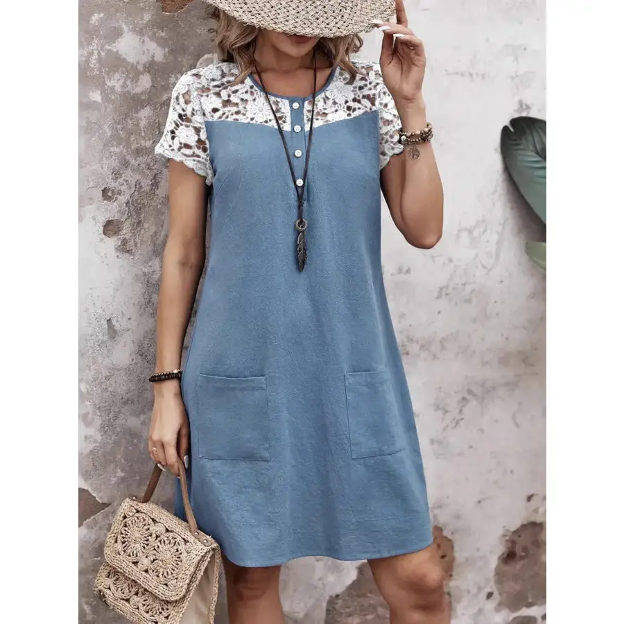 Lace Button Detail Round Neck Mini Dress