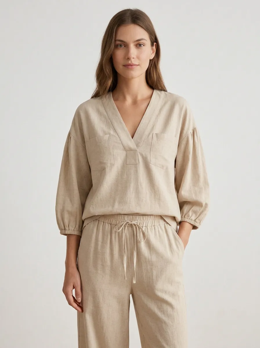 Short-Sleeve Pocket Linen-Blend Women's V-Neck Blouse