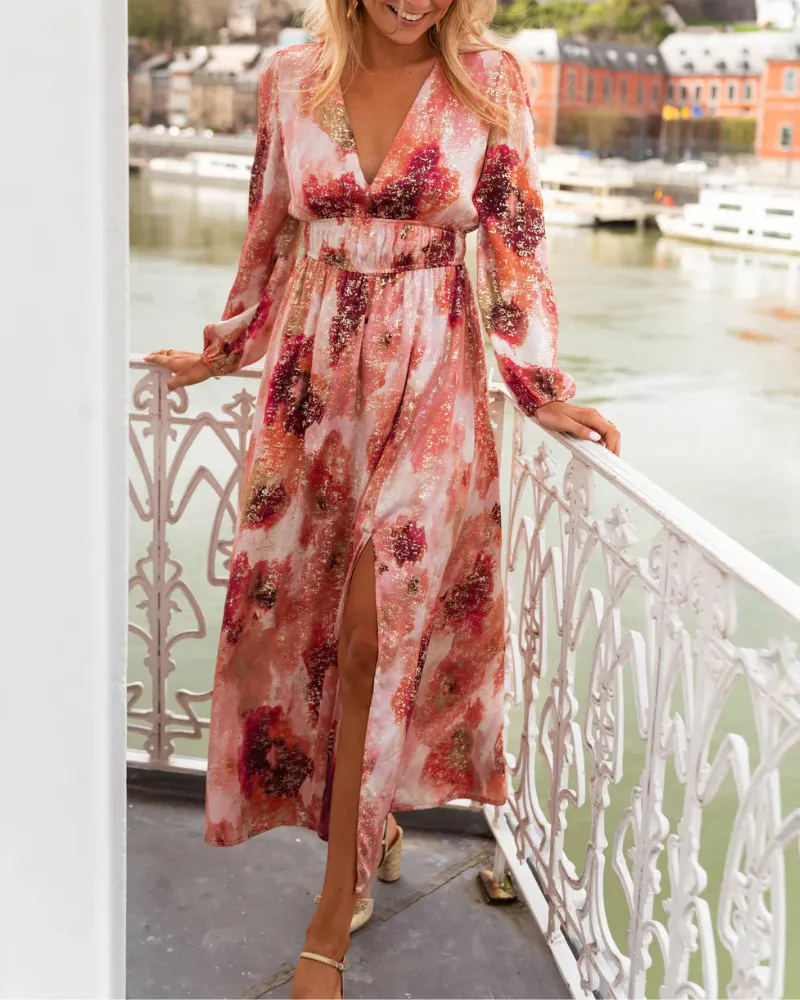 V-Neck Side Slit Maxi Soft Drape Dress