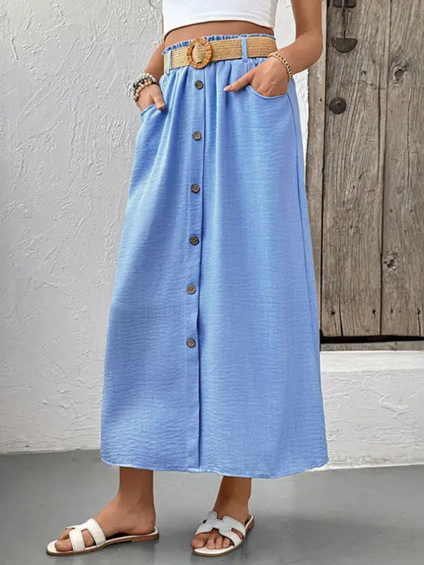 Plain Button Front Pocket Detail Skirt