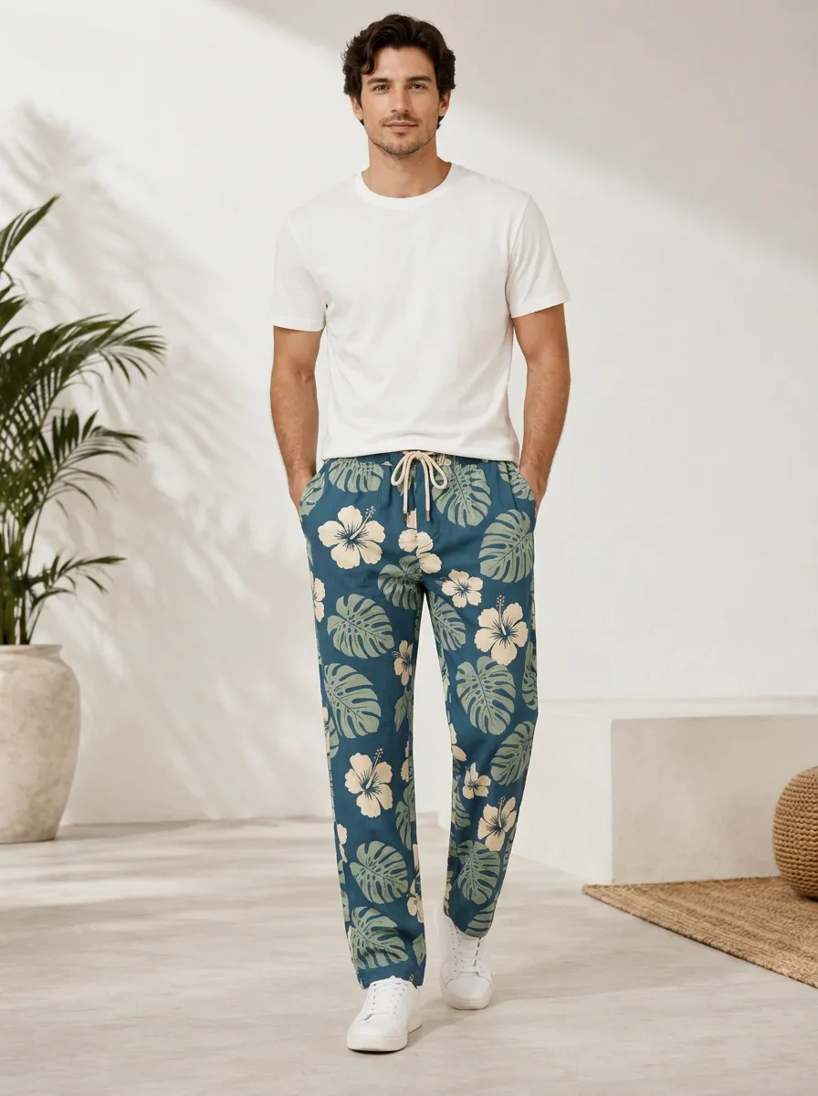 Men's Hibiscus Monstera Printed Pants