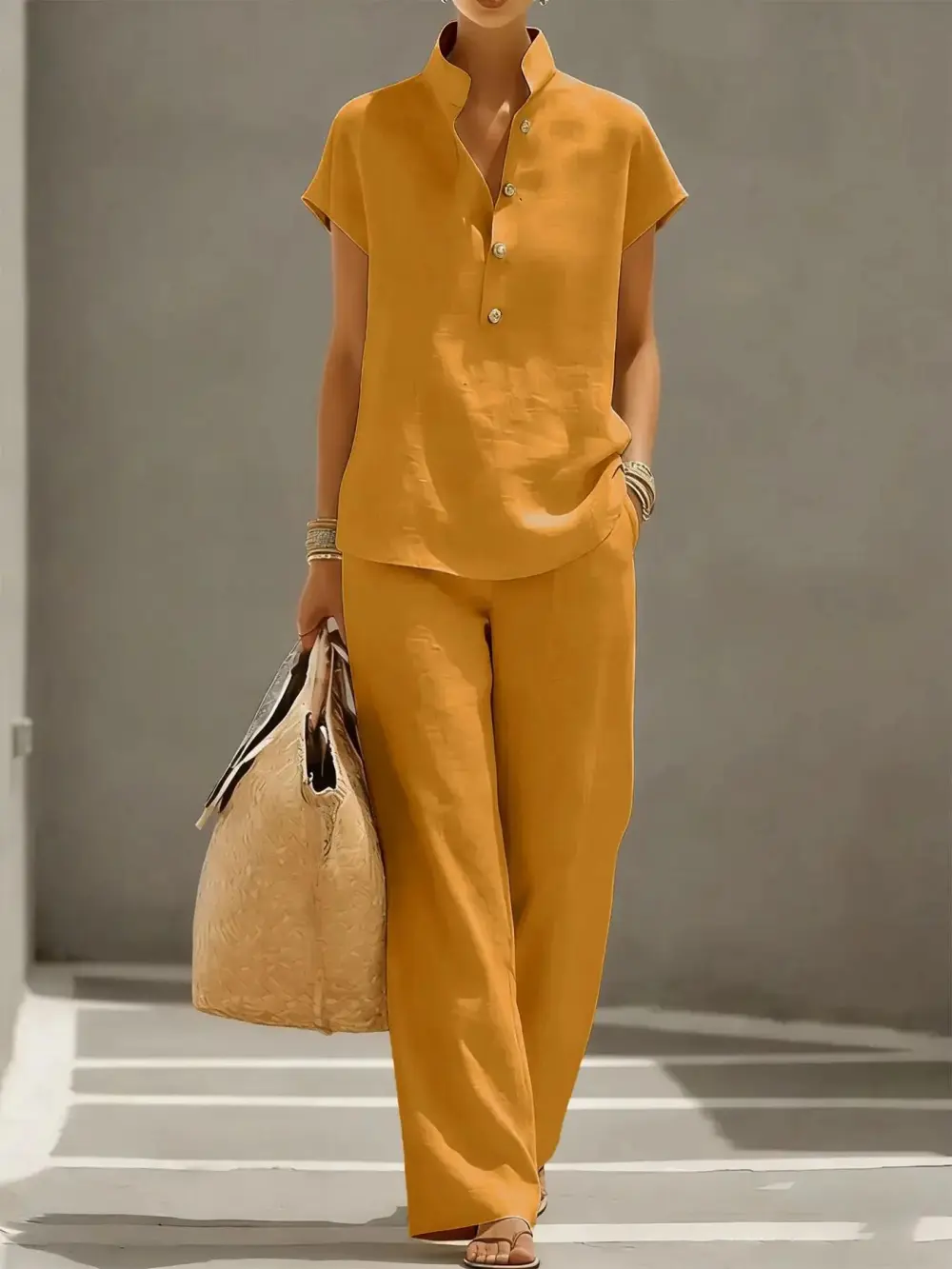 Women's Summer Solid Color Linen Cotton Short Sleeve + Long Pants Set