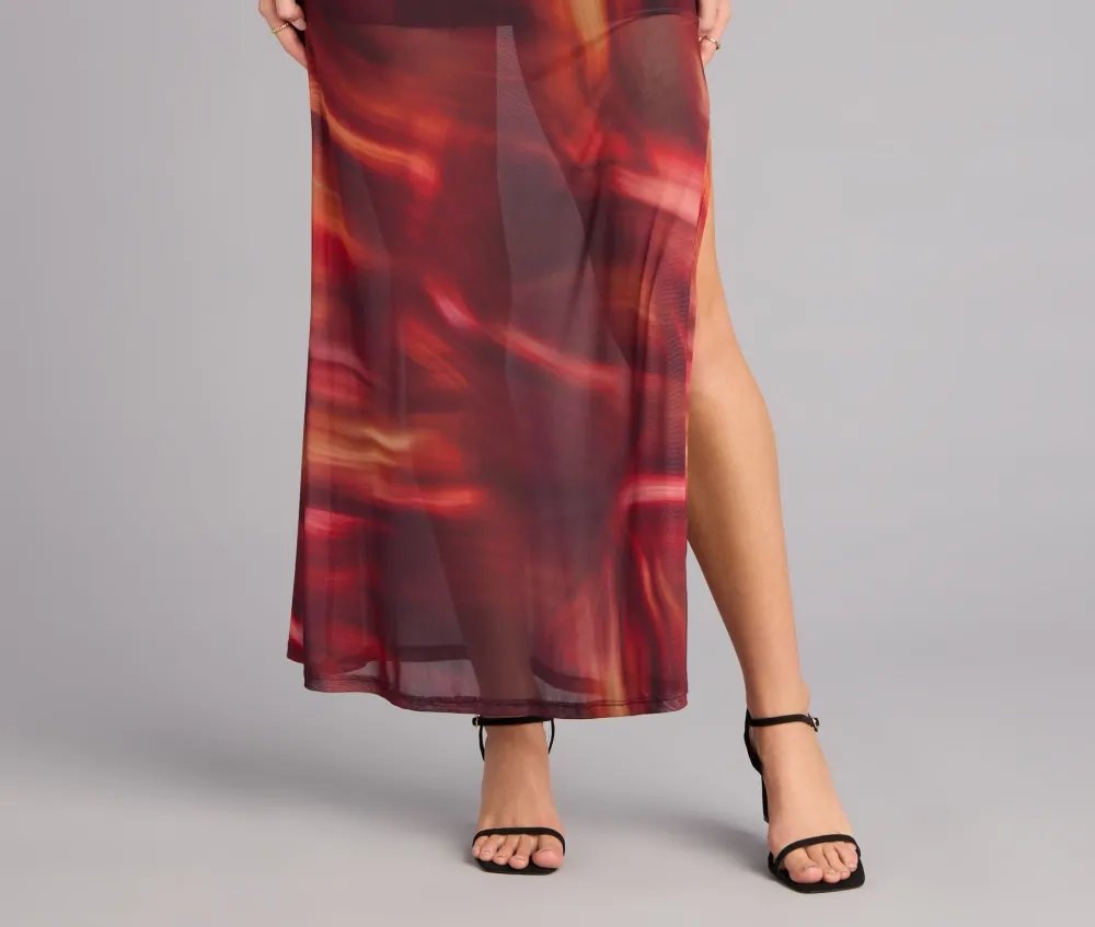 Burgundy Abstract Print Mesh High-Rise Slit Maxi Skirt