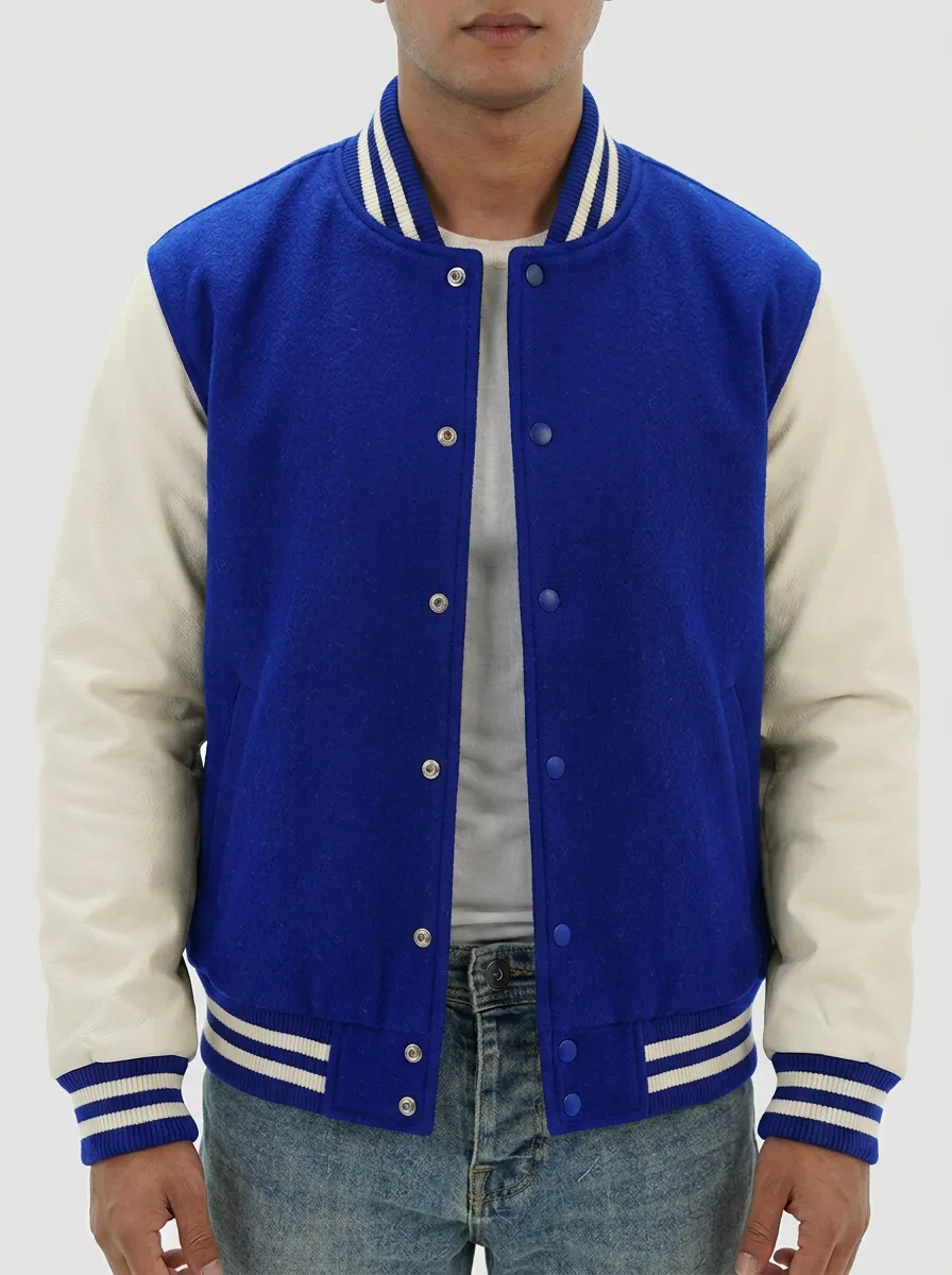 Men's Navy & Cream Leather-Sleeve Wool Baseball Jacket