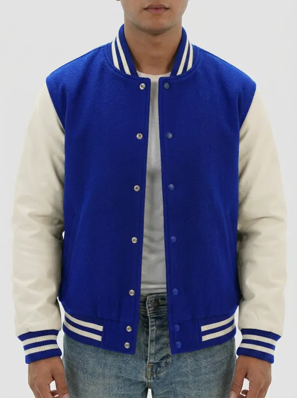 Men's Navy & Cream Leather-Sleeve Wool Baseball Jacket