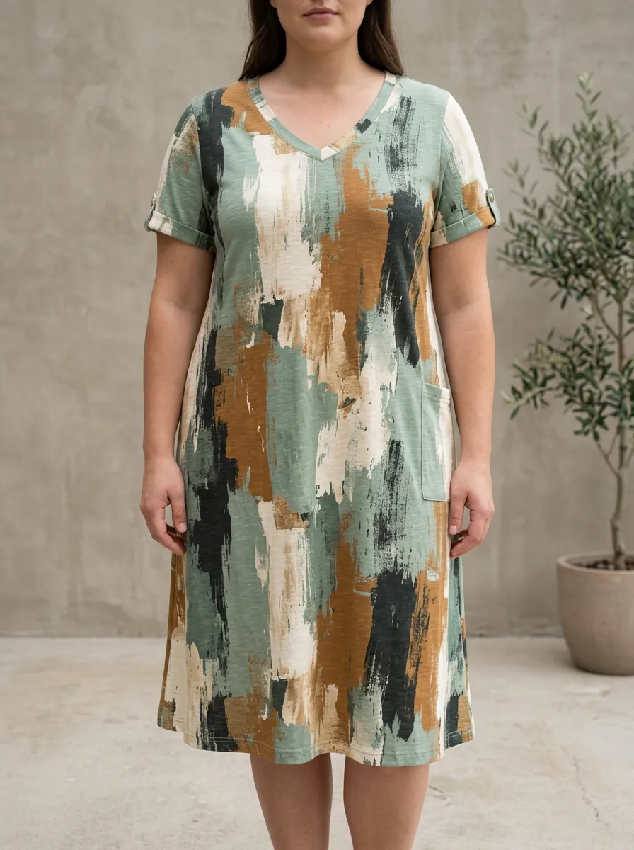 Women's Abstract Brushstroke Printed V-Neck T-Shirt Dress