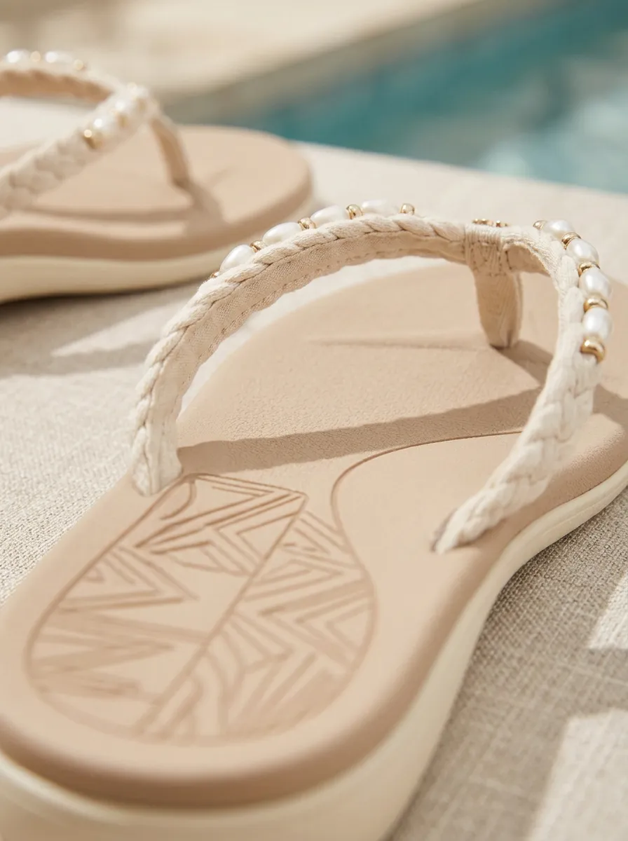 Women's Braided Strap Leaf Print Pearl Detail Flat Flip Flops