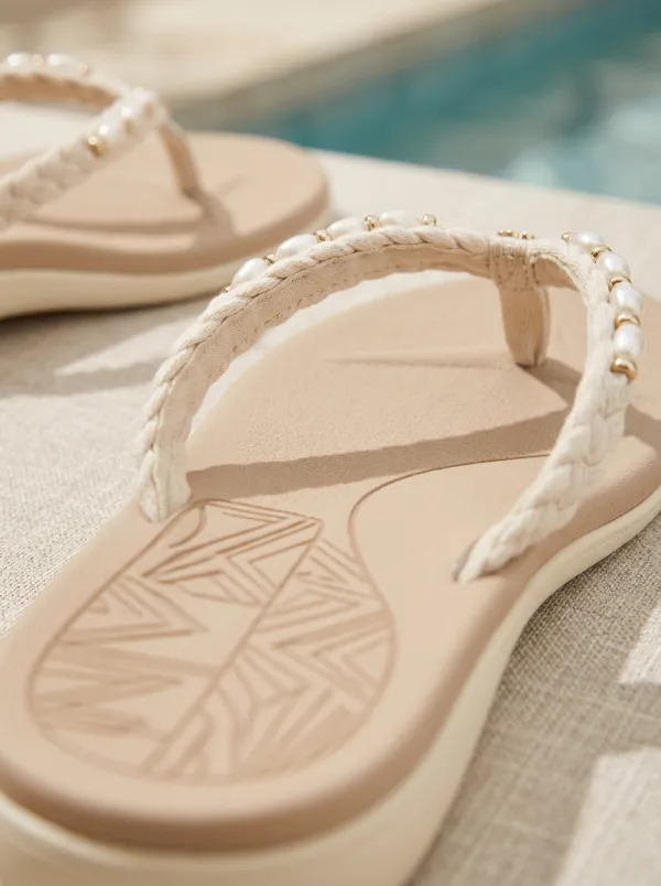 Women's Braided Strap Leaf Print Pearl Detail Flat Flip Flops