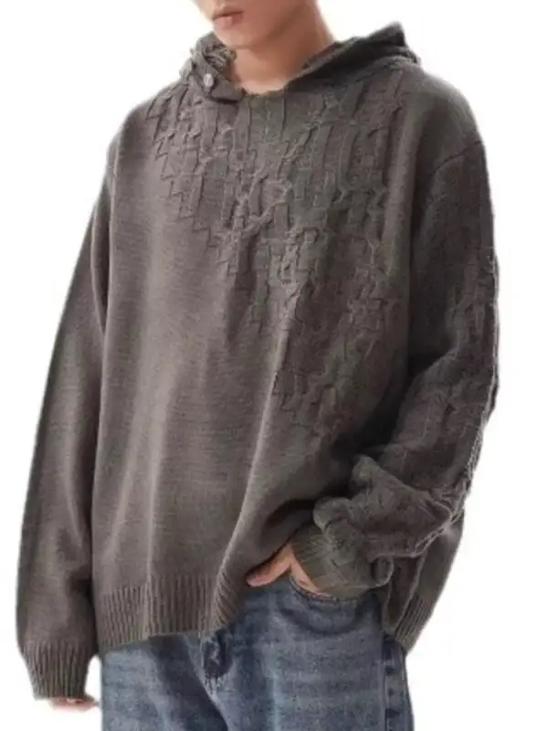 Men's Plus Size Long Sleeve Texture Knit Hooded Sweater