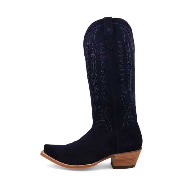 Classic Faux-Suede Embroidered Snip-Toe Chunky-Heel Mid-Calf Boots