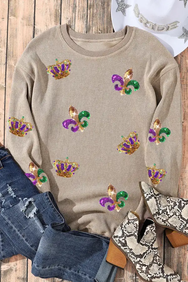 Carnival Sequin Crown Fleur De Lis Corded Sweatshirt