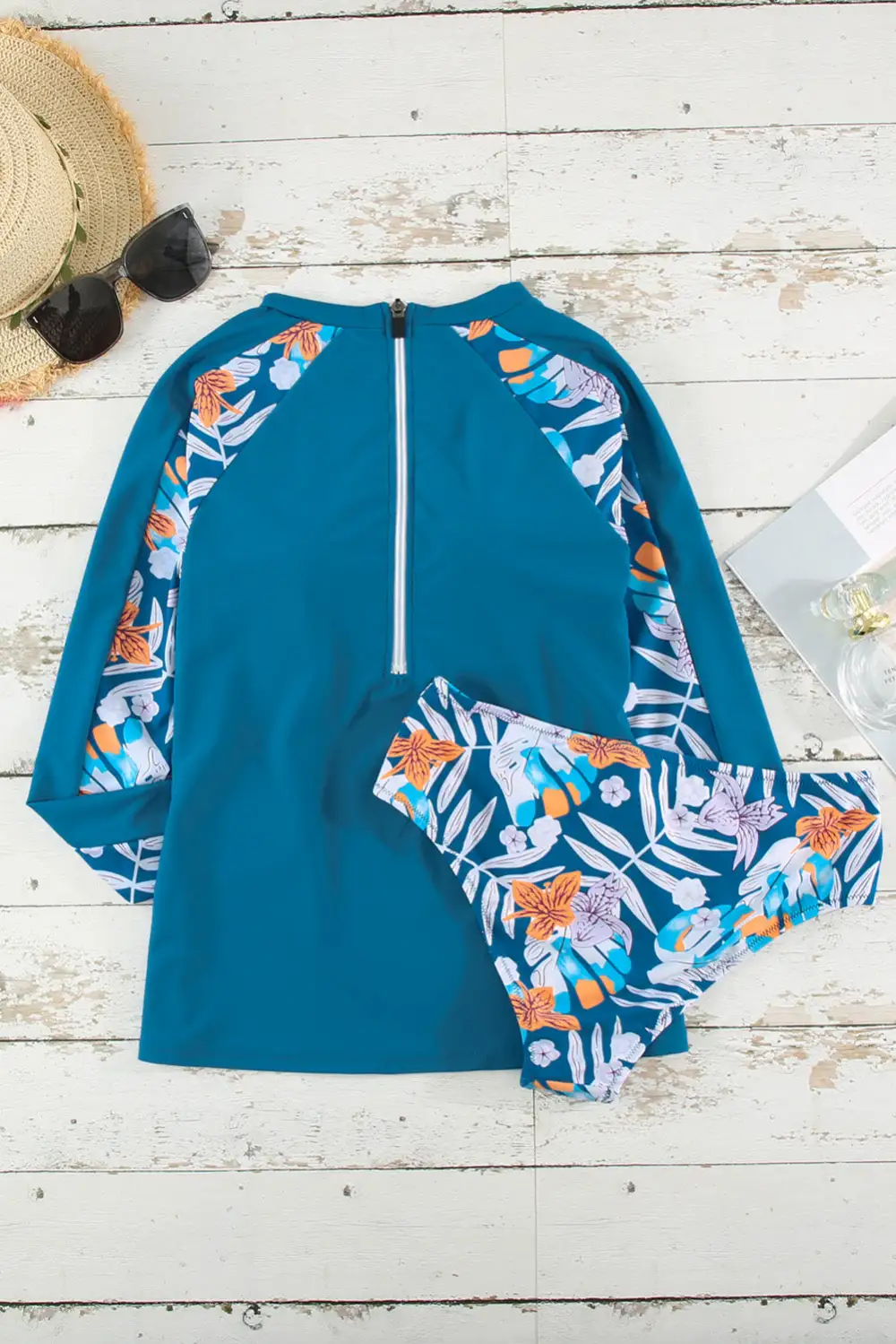 Swimwear Floral Print Zipper Long Sleeve Surfing Swimwear