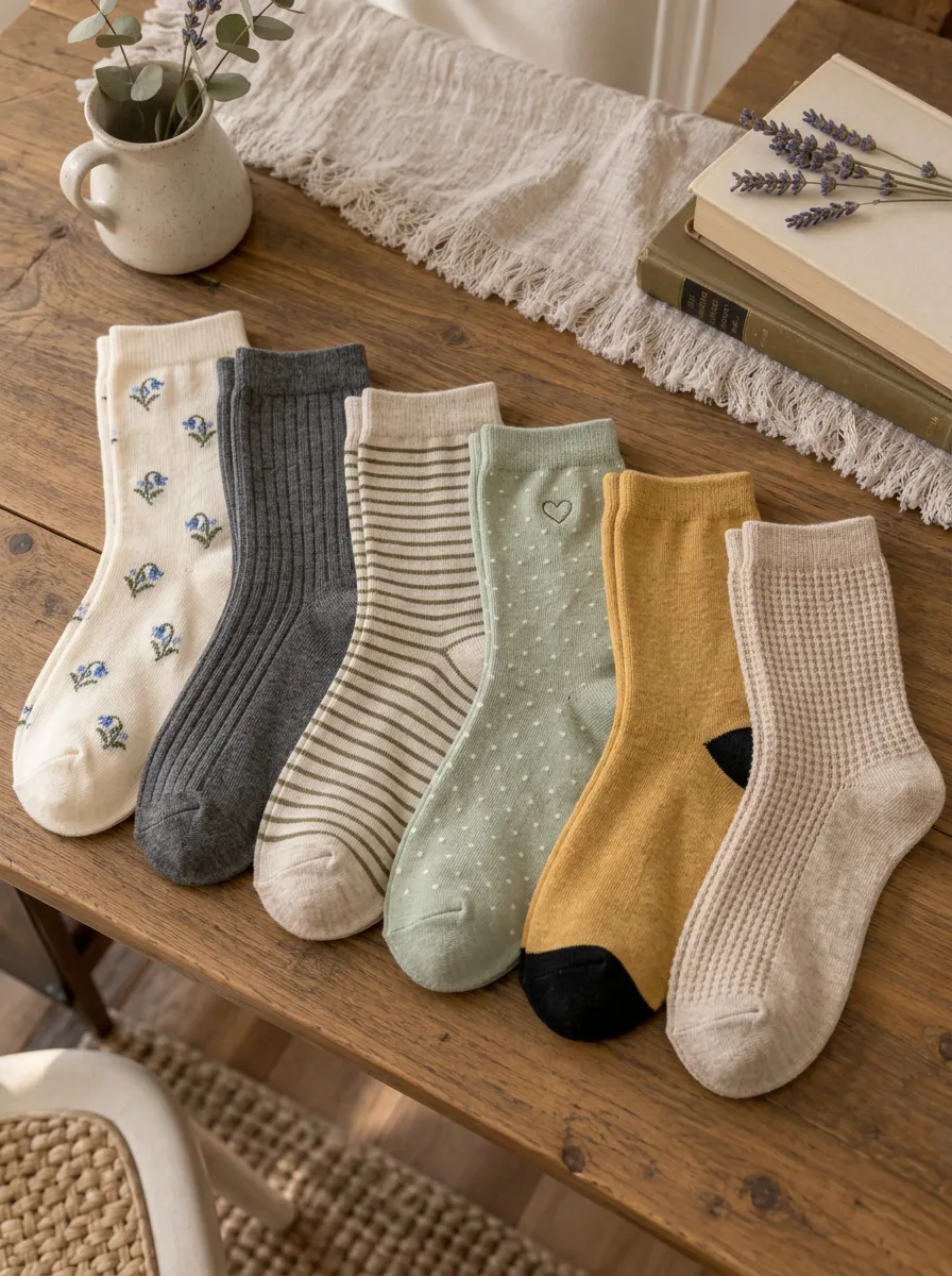 Women's Assorted Floral Heart Polka Dot Waffle Knit Ribbed Striped Embroidered 6-Pack Crew Sock Set