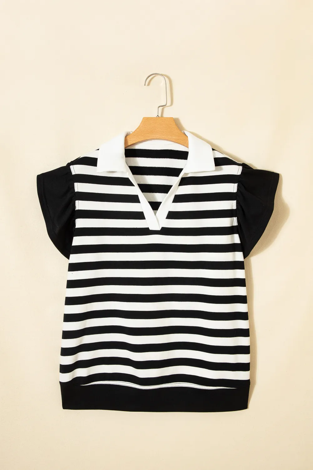 Black Stripe Collar V Neck Blouse