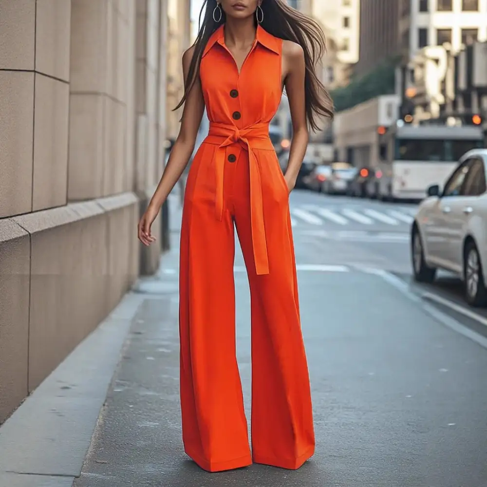 Lapel-Collar Lace-Up Flare-Leg Jumpsuit