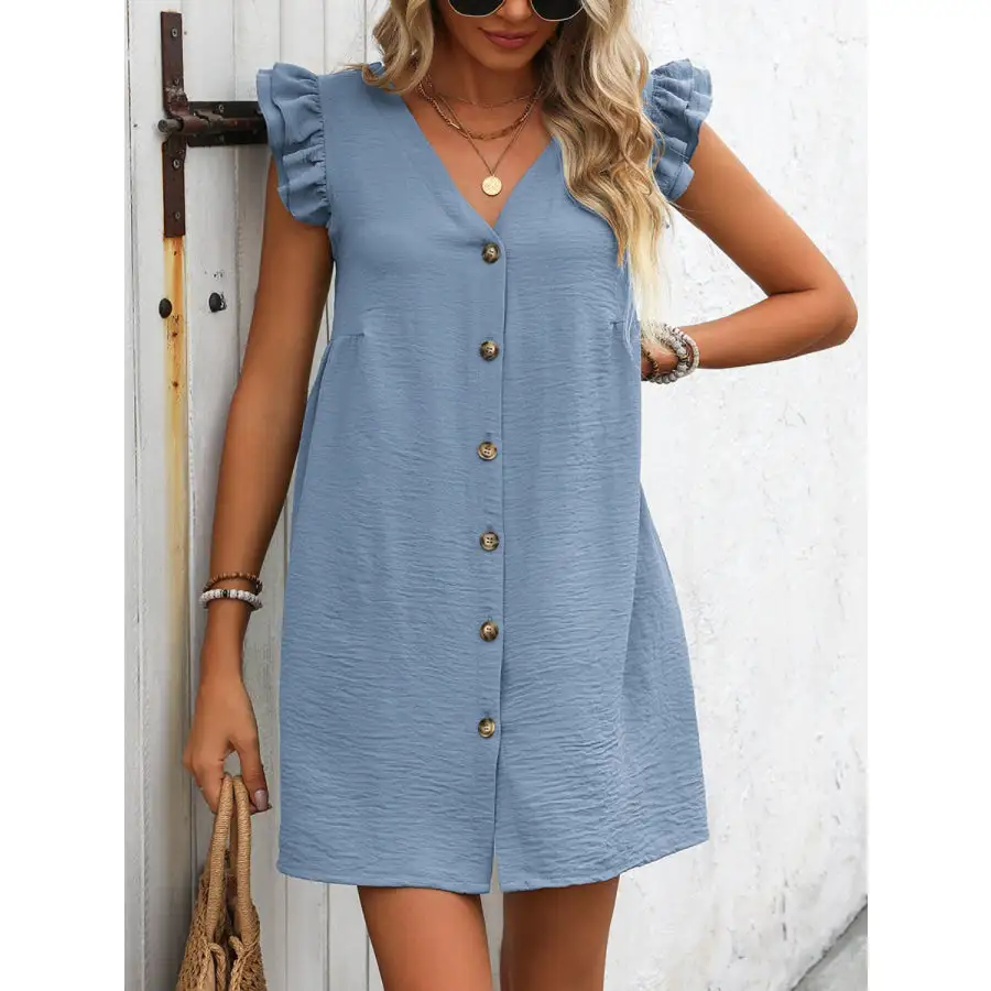 Button Up V-Neck Cap Sleeve Mini Dress
