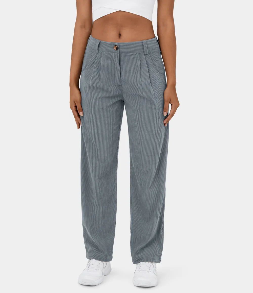 Mid Rise Button Zipper Side Pocket Corduroy Casual Pants