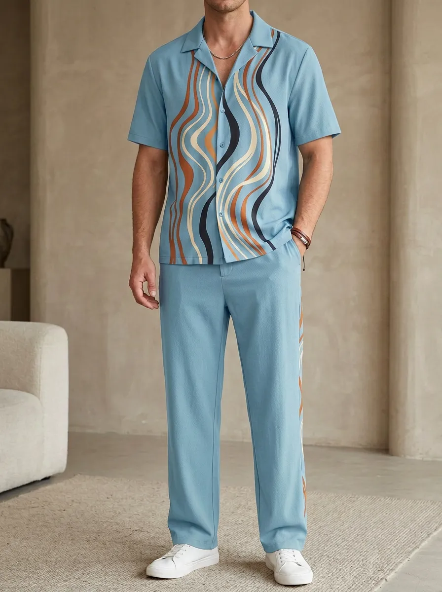 Men's Retro Abstract Wavy Line Printed Casual Set