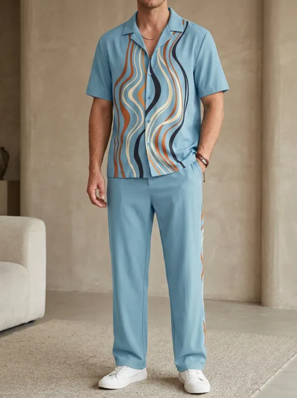 Men's Retro Abstract Wavy Line Printed Casual Set