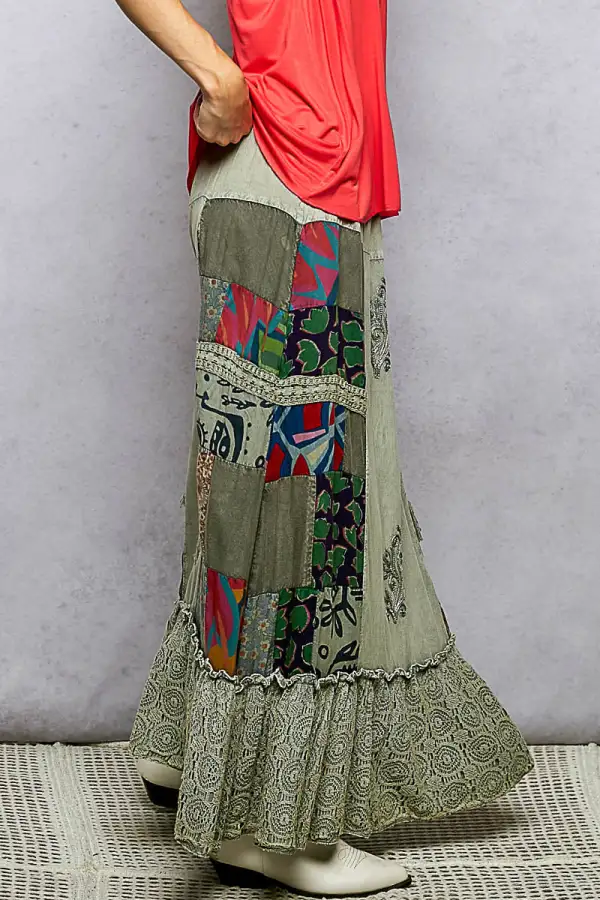 Printed Patchwork Embroidered Ruffled Skirt Maxi