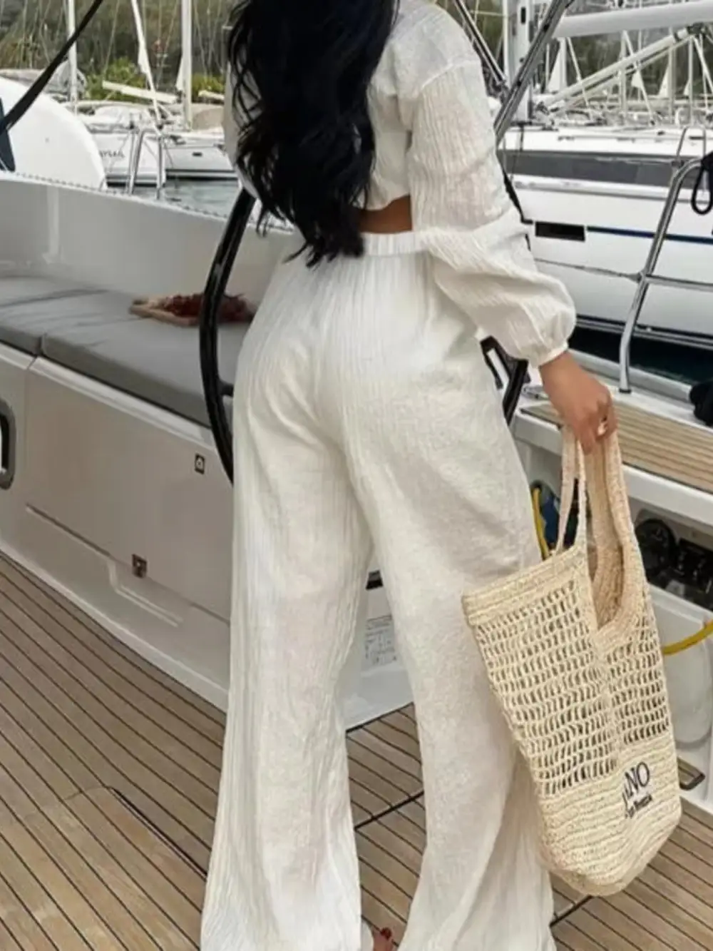 Textured Tie Front Crop Top and Wide Leg Pants Set