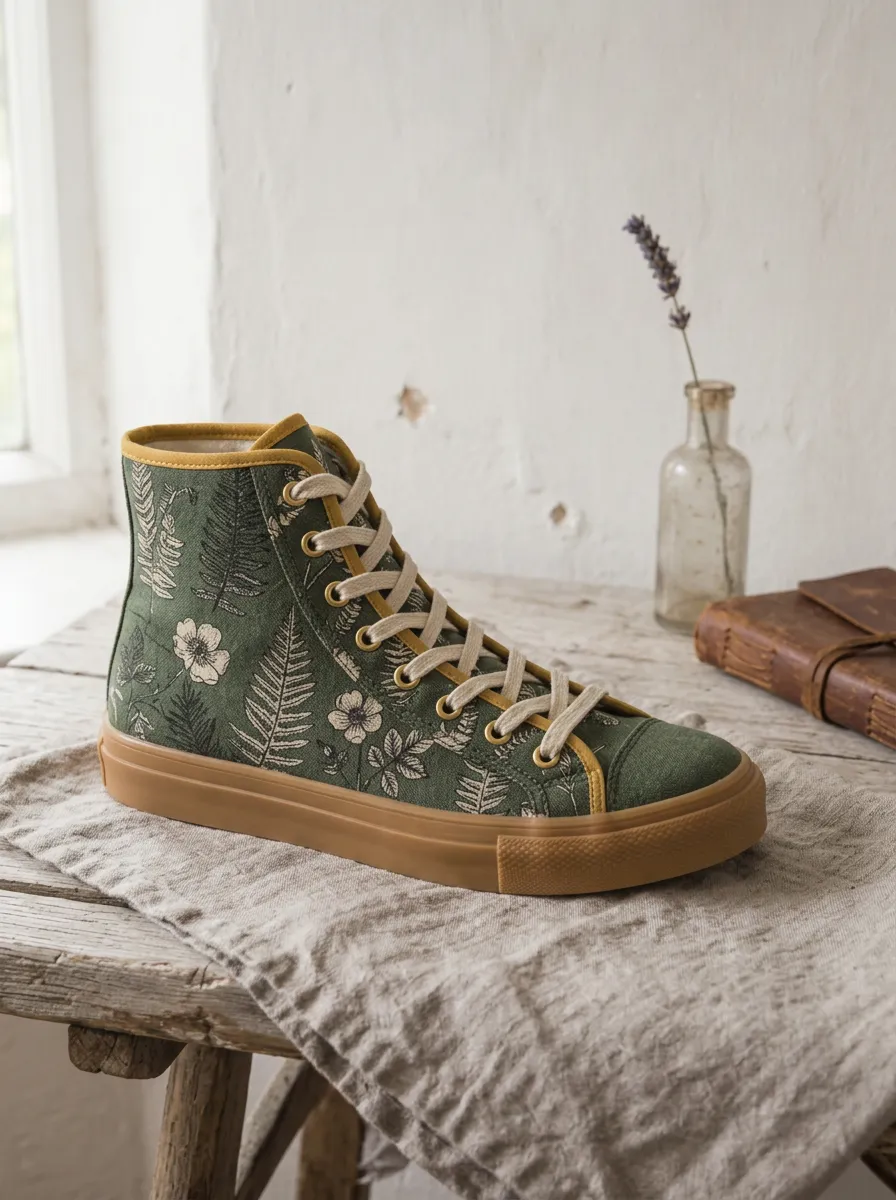 Women's Botanical Fern Flower Printed High Top Canvas Shoes
