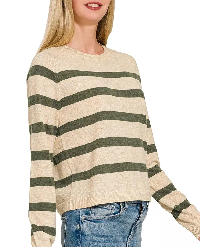 Lightweight Wool Blend Striped Round Neck Sweater