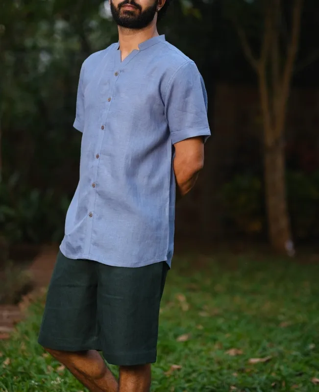 Blue Relaxed Linen V-Neck Shirt