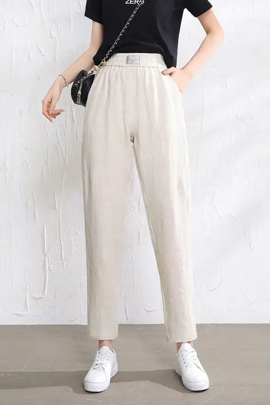 Classic Linen Elastic Waist Pocketed Trousers