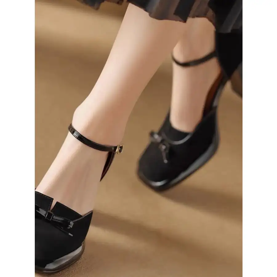 Bow Block Heel Ankle Strap Pumps